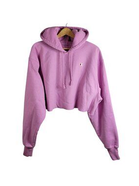 Champion Women Cut Off Hoodie Pink Medium Cropped Sweatshirt Long Sleeve READ